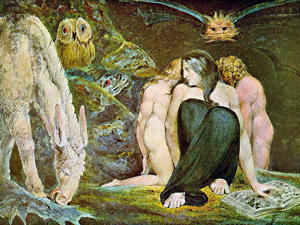 William Blake's The Night of Enitharmon's Joy: Hecate crouched in darkness surrounded by an owl, a donkey, and nocturnal creatures