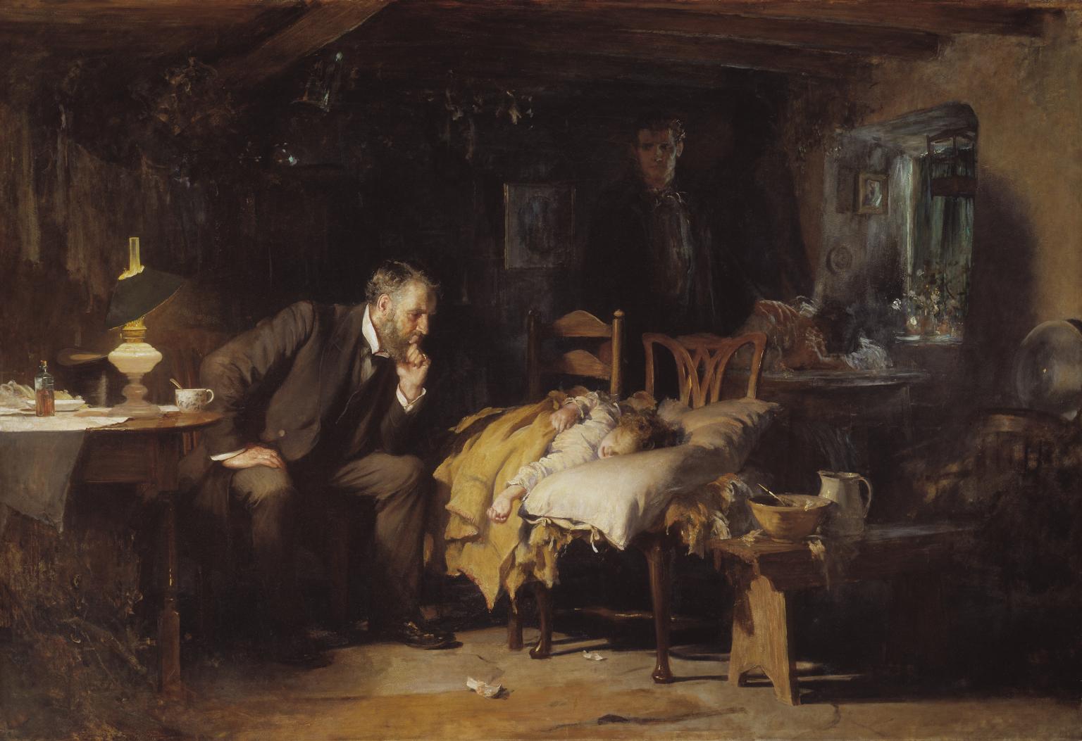 The Doctor by Luke Fildes, 1891 - a doctor sits at the bedside of a sick child in a humble cottage, watching the patient with complete devotion while dawn light comes through the window